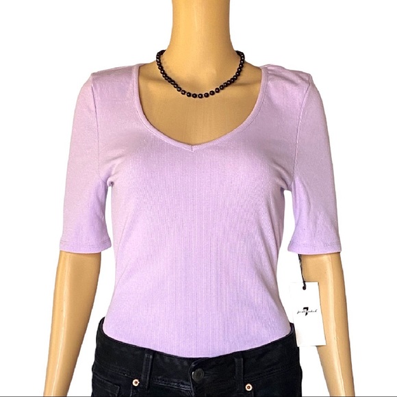 7 For All Mankind Tops - 7 For All Mankind ✨HP✨🆕 | 💐Ribbed V-neck Half Sleeve Bodysuit in Light Lilac.